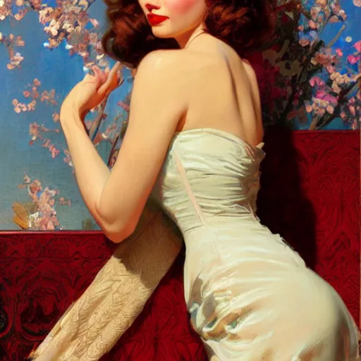 Prompt: portrait of a beautiful woman, intricate, elegant, highly detailed, by gil elvgren, by greg manchess, by mucha, by ruan jia