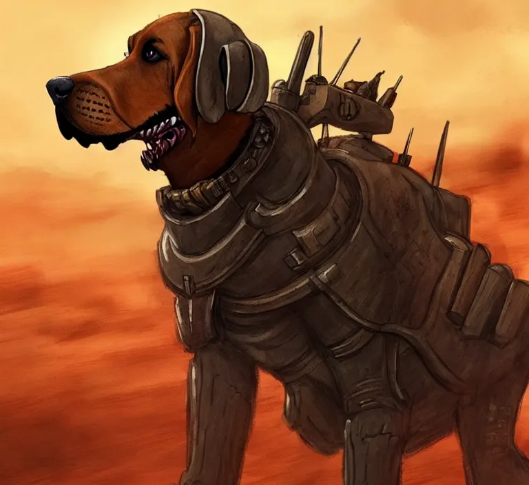 Prompt: a good ol'floppy - eared bloodhound pup fursona ( from the furry fandom ), heavily armed and armored facing down armageddon in a dark and gritty version from the makers of mad max : fury road. witness me.