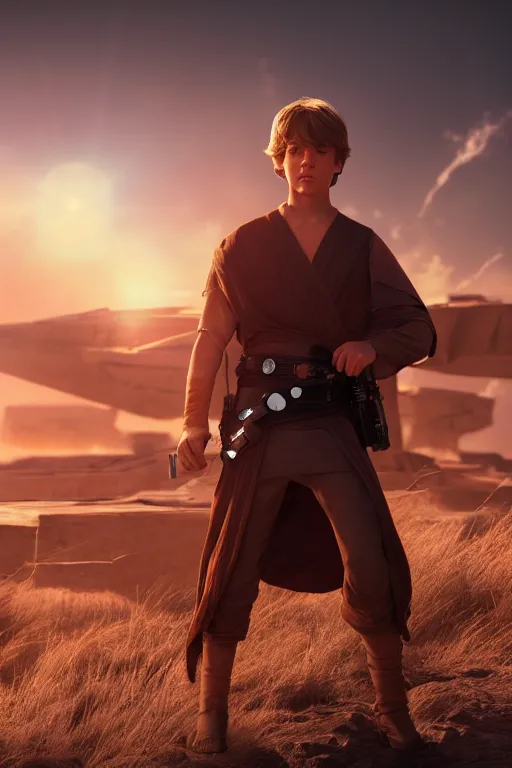 Prompt: young luke skywalker in a heroic action pose against a tattooine sunset, close up, dramatic lighting, octane render