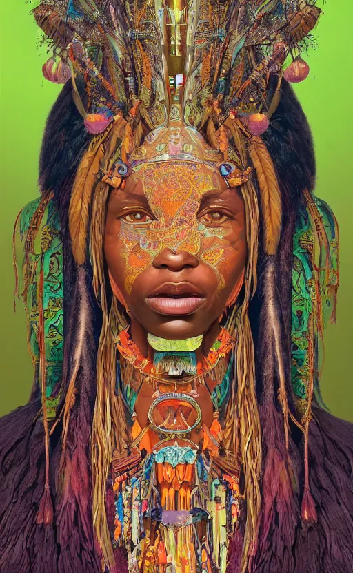 Prompt: upper half portrait of retro futuristic african tribal chief - embellished with vegetation and iridescent crystals, art by chsiao - ron cheng & alphonso mucha, colouring by zdzisaw beksinski, highly detailed, digital painting, airbrush, concept art, illustration, smooth sharp focus, intricate, symmetry, artstation, colourful,