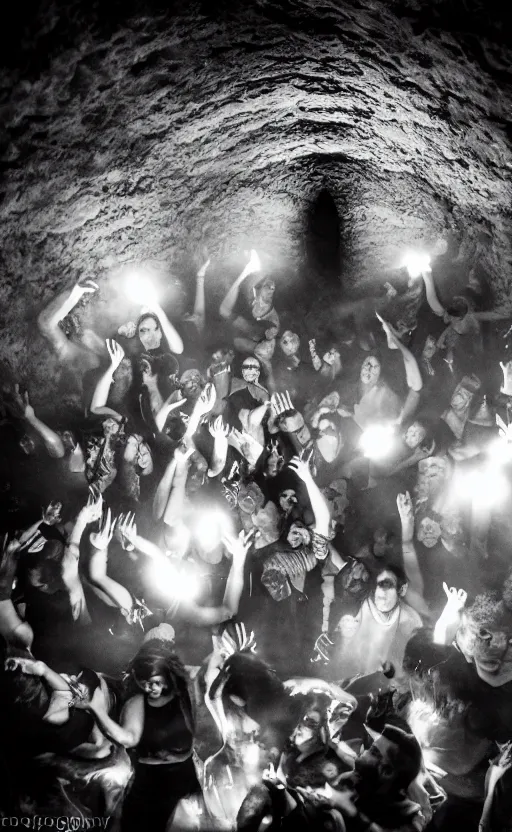 Image similar to a argentic photography dark party with smoke and laser system in paris catacombs, les catacombes, people dancing, dark, uv, techno, bones, party, photography canon, ecstasy, illegal, alcohol,