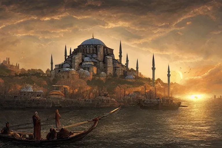 Prompt: a beautiful illustration of medieval istanbul with ottoman people and ships scenery landscape, lord of the rings,, rule of thirds, sunset, highly detailed, perfect lighting, perfect composition, 4 k, artgerm, derek zabrocki, greg rutkowski