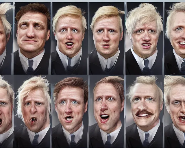 Prompt: boris johnson in 1 0 0 different styles, character art sheet, by various concept artists, redshift render, hyperrealistic face, photorealistic render