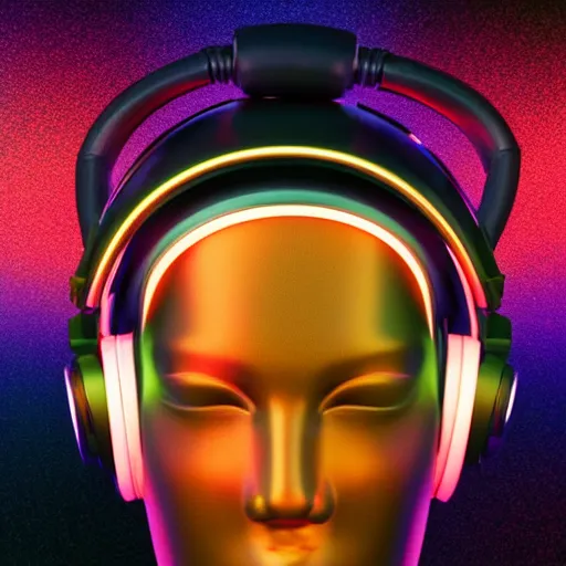 Prompt: a glossy claymodel of a steampunk robot head with glowing headphones, 8 k, symetrical, flourescent colors, halluzinogenic, multicolored, very detailed, black background, 3 d render,