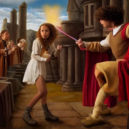 Image similar to hermione granger slapping asterix, oil painting, renaissance 4 k masterpiece