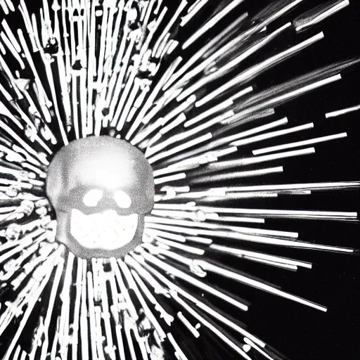 Prompt: a disco skull full of long spikes, reflecting light in a nightclub, grainy film photograph