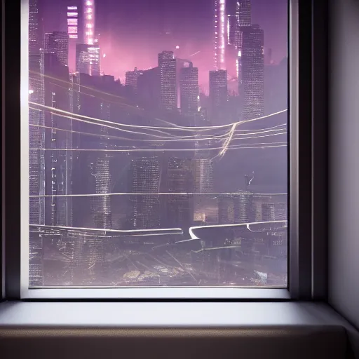 Image similar to Big european shorthair cat and small fluffy kitten from the back in the apartment room looking to window in a cyberpunk city, soft god rays from city lights outside the window, unreal engine 5, soft neon atmosphere, photorealistic, soothing colors, somber melancholic matte painting, hyperrealism, hyperrealistic, cinematic masterpiece, cyberpunk style 8k ultrahd octane render