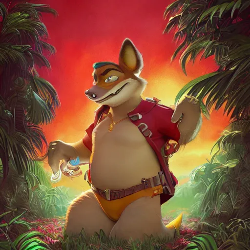 Image similar to in the style of artgerm, loish and ross tran, anthropomorphic alligator, red scales on his back, yellow scale on his belly and chest, male, waring a hawaiian shirt, in the style of zootopia