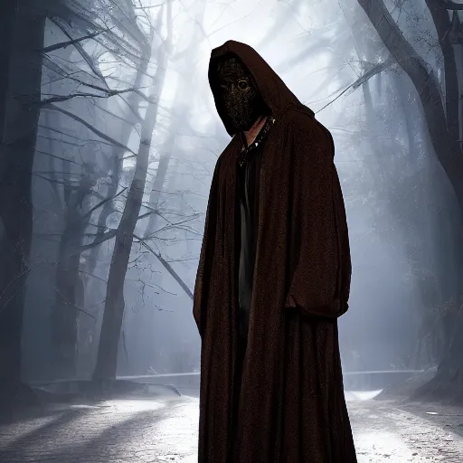 Prompt: a portrait of a man wearing a long dark cloak, hood and shadows covering face holding golden chains, oil painting, Volumetric Golden dappled dynamic lighting, Highly Detailed, Cinematic Lighting, Unreal Engine, 8k, HD