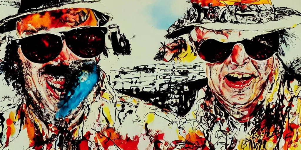 Image similar to fear and loathing in florida, by ralph steadman art in a terry gilliam movie, cinematic frame, hunter s thompson,