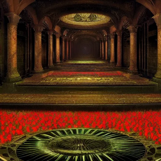 Prompt: a detailed matte painting of the elevator to hell surrounded by a field of black lotus flowers with petals in a fibonacci sequence, in the style of magic the gathering, highly detailed, digital painting, god rays, volumetric lighting, octane render, 4 k resolution, art by rembrandt and caravaggio