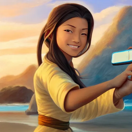 Image similar to beautiful serene intricate portrait of katara and toph beifong taking a selfie, smiling softly, relaxing on the beach, golden hour, soft focus, 8 k, art by irakli nadar, hyperrealism, hyperdetailed, ultra realistic