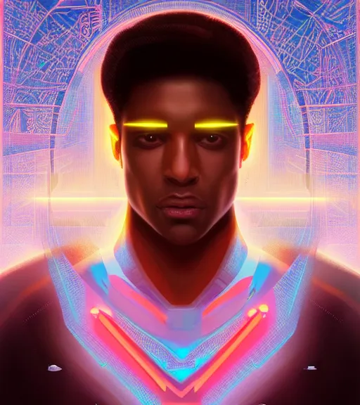 Image similar to symmetry!! egyptian prince of technology, solid cube of light, hard edges, product render retro - futuristic poster scifi, lasers and neon circuits, brown skin man egyptian prince, intricate, elegant, highly detailed, digital painting, artstation, concept art, smooth, sharp focus, illustration, dreamlike, art by artgerm