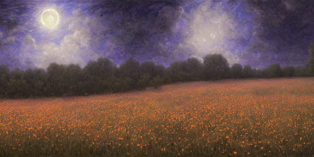 Image similar to field of flowers at night, lit by moonlight, landscape art by donato giancola and greg rutkowski, digital art, trending on artstation, symmetry!!, volumetric lighting