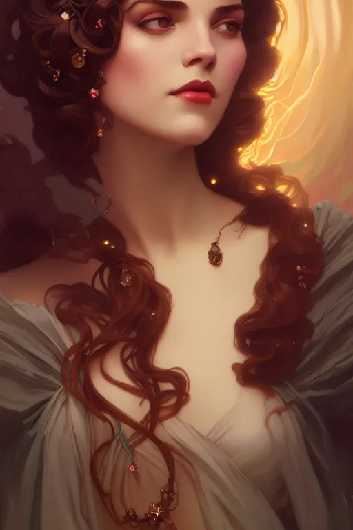Image similar to beautiful face by leyendecker, ombre velvet gown, beautiful elegant dryad, portrait, long hair, tiara, dozens of jeweled necklaces, by greg rutkowski, brom, anato finnstark, alphonse mucha, oil painting, highly detailed, cinematic lighting, unreal,
