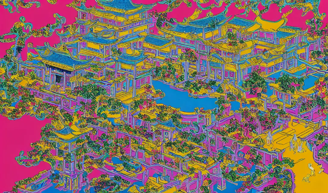 Image similar to detailed close - up image of magnificent chinese palace with a garden and a lotus pond, pop - art style, jacky tsai style, andy warhol style, roy lichtenstein style, rich palette, acrylic on canvas