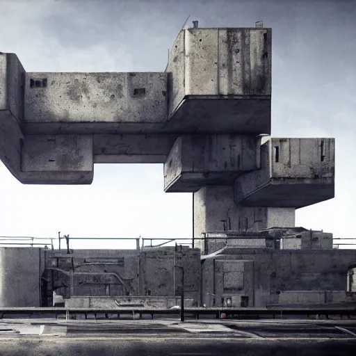 Image similar to scifi brutalist industrial complex, photorealistic