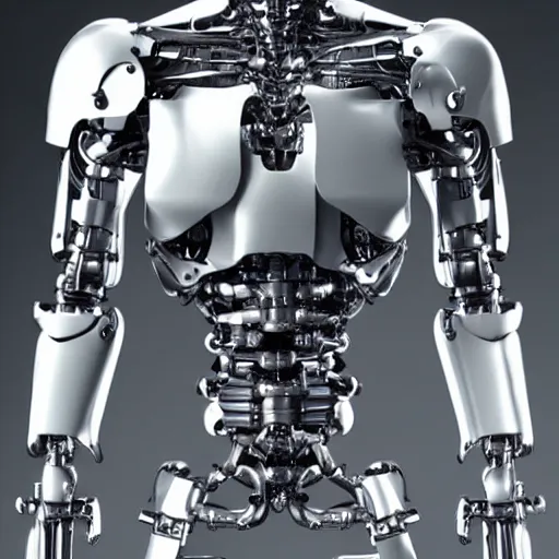 Image similar to highly detailed chromium cybernetic endoskeleton in a white room : : transparent armor : : upper body closeup