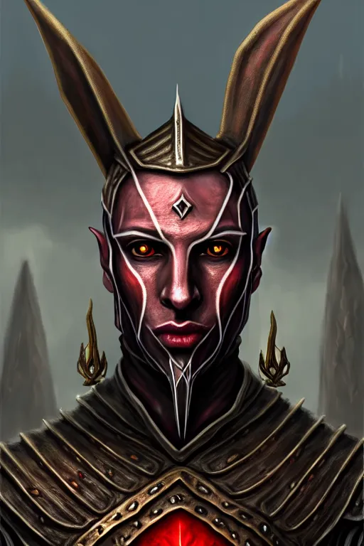 Image similar to hyperrealistic morrowind dunmer male nerevarine in front of balmora, red eyes, 3 / 4 portrait, symmetrical face, handsome face, full body dnd character portrait, medieval armor, morrowind armor, oblivion armor, skyrim armor, eso armor, intricate, highly detailed, elegant, 4 k, artstation, deviantart