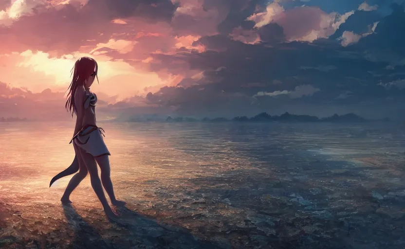 Prompt: anime woman from thailand walking through shallow water, hair tied and braided loosely, jungle gown, sunset, dramatic angle, hopeless, dynamic pose, 8k hdr pixiv dslr photo by Makoto Shinkai ilya kuvshinov and Wojtek Fus, digital art, concept art, beautiful clouds