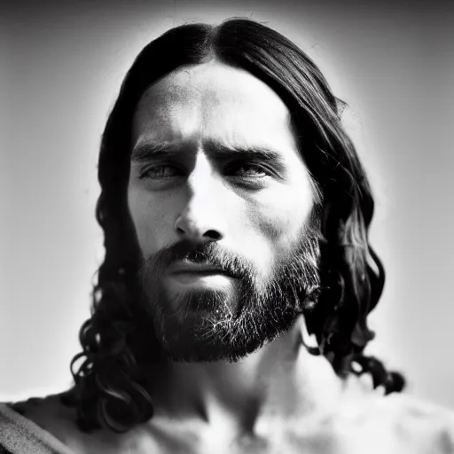 Prompt: photograph portrait of Jesus Christ, B&W, Vogue photoshoot, modelling photography, taken on 1970s kodak camera, grainy, fashionable, 4k, very realistic, hiper detailed