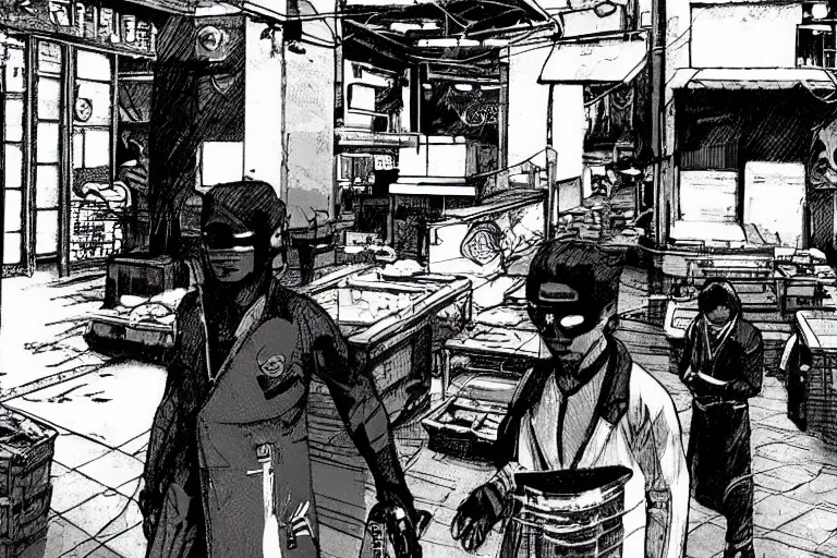 Prompt: tokyo fish market worker in the style of vincent di fate's cyberpunk 2 0 2 0.