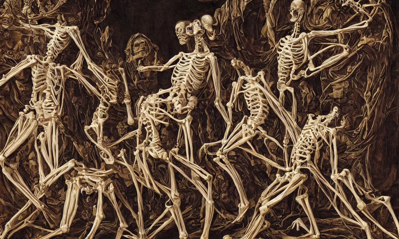 Image similar to intertwined bodies, inside a grand, ornate cathedral, HD Mixed media, highly detailed and intricate, fleshy skeletal, botany, surreal illustration in the style of Caravaggio, baroque dark art