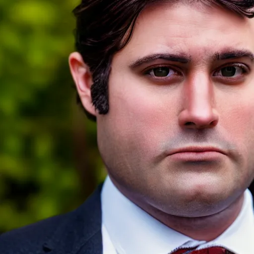 Image similar to Close up portrait of a clean-shaven chubby man with medium length brown hair wearing a chocolate brown suit and necktie. Photorealistic. Award winning. 35mm movie film still. Intricate details. UHD 8K. He looks very shocked.