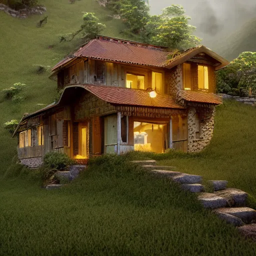 Image similar to small hillside house made of honey, modern lighting, hyper - realistic, hyper - detailed, 8 k, octane rendered, art nouveau, organic, flowing, impossible torsion, writhing, lush, dynamic