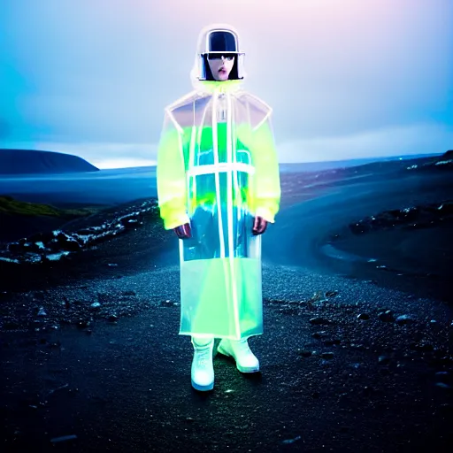 Image similar to an ultra high definition professional studio quality photograph of an artificial celebrity cyberpunk pop star wearing a transparent iridescent perspex pastel coloured face visor and matching raincoat on white coat hook in an icelandic black rock environment. dramatic lighting. volumetric shadows. light rays