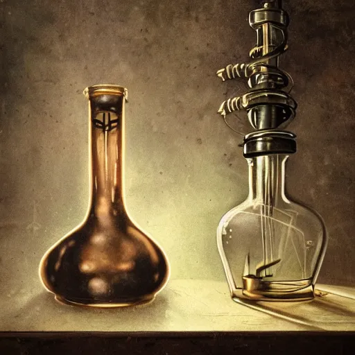 Image similar to a steampunk painting of a vintage poisonous potion bottle, lit by a single ray of sunlight in a dark dusty vintage science lab, by h. r. giger, hyperrealistic fantasy art, concept matte, ethereal, dreamy, digital art, trending on artstation, volumetric cinematic lighting