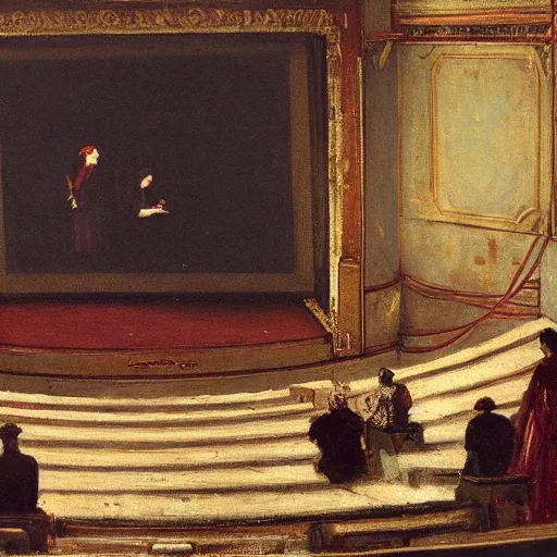 Image similar to an actress on stage in an old theater. she has only a single visitor in the audience, by alfred stevens