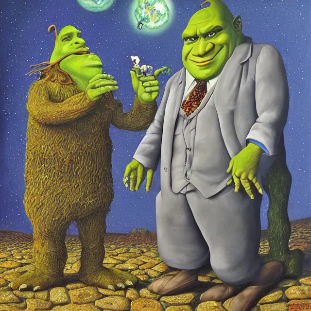 Image similar to an oil on canvas portrait painting of shrek, surrealism, surrealist, cosmic horror, rob gonsalves, high detail