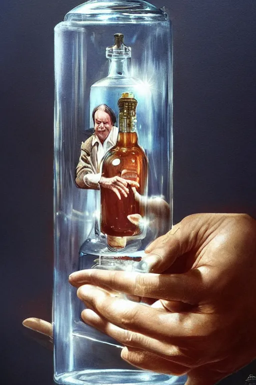 Image similar to a ship in a bottle but instead of a ship it is jack nicholson in the bottle, the shining, masterpiece painting by artgerm, greg rutkowski, tom bagshaw