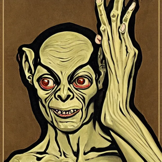 Prompt: a painting of gollum, art nouveau, detailed 8 k, from 1 9 2 7, beautiful