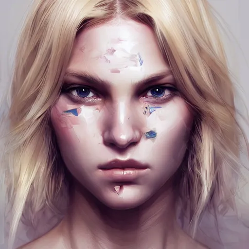 Image similar to blonde haired girl wearing a digital mask, digital art, pretty face, very beautiful face, very detailed eyes, ultra detailed, by wlop, greg rutkowski,