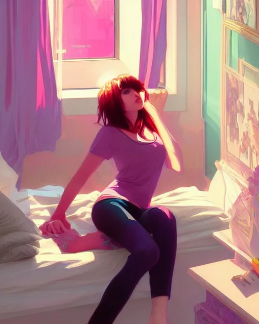 Image similar to emily rajtkowski, emo, posing, vaporwave colors, modern bedroom!!!!!, highly detailed, digital painting, artstation, concept art, smooth, sharp focus, illustration, art by artgerm and greg rutkowski and alphonse mucha