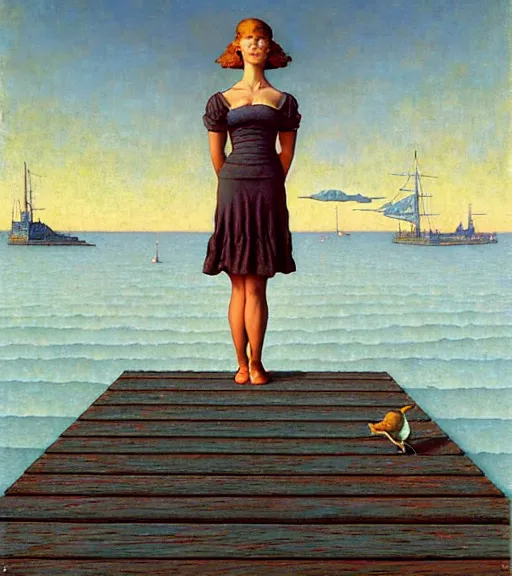 Image similar to a fancy beautiful young lady standing on a wharf at the edge of the sea by rob gonsalves and brom and gil elvgren and jean delville and william blake and norman rockwell and dan mumford, crisp details, hyperrealism, high detail, high contrast, low light, grey mist, cobblestones, dim lantern