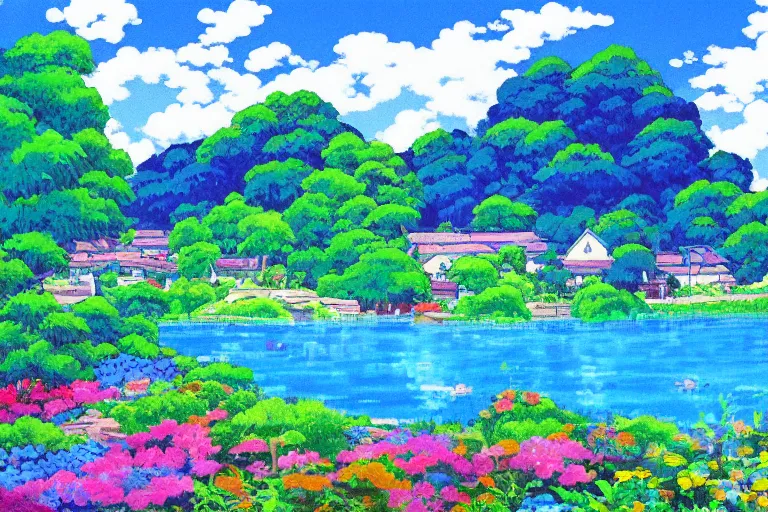 Image similar to landscape of peaceful village with azure blue lake, studio ghibli, anime background, gouche painting, lively colors