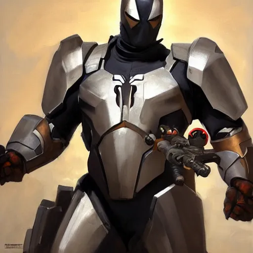 Image similar to greg manchess portrait painting of armored spiderman as overwatch character, medium shot, asymmetrical, profile picture, organic painting, sunny day, matte painting, bold shapes, hard edges, street art, trending on artstation, by huang guangjian, gil elvgren, ruan jia, greg rutkowski, gaston bussiere