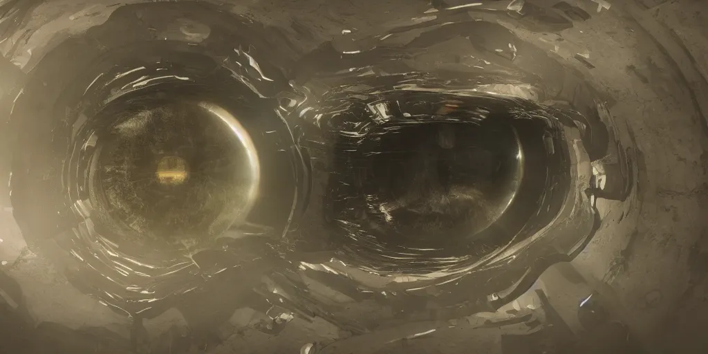 Image similar to highly detailed a submarine that slowly disappears underwater while a huge eye looks at it from above, this eye looks like a monster and lights up, 4 k, photorealistic, unreal 5