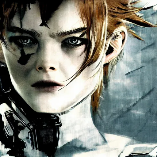 Prompt: a hyper real illustration of Elle Fanning in Metal Gear Solid by Yoji Shinkawa