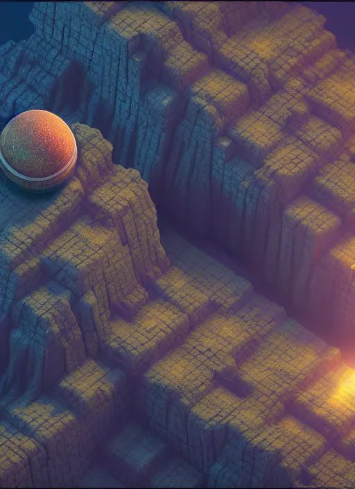 Image similar to isometric view, intricate video game level design of a planet surface with ancient structures, platforms, multiple levels, unreal engine, Arnold render, octane render, moody, night, highly detailed, volumetric lighting, glow