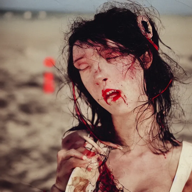 Prompt: portrait of an ancient vampire queen enjoying a day at the beach, 35mm photography