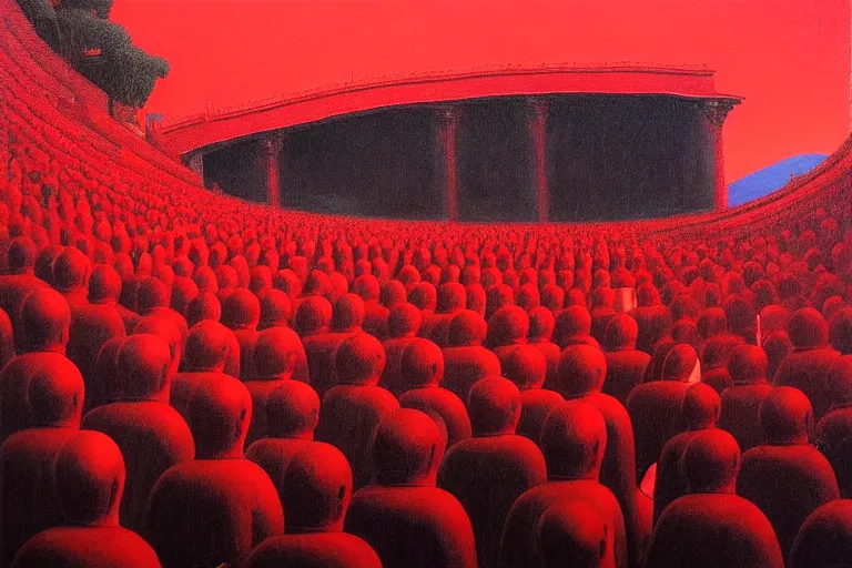 Image similar to only with red, a red great emperor, taormina amphitheatre, crowd with big smile, in the style of beksinski, parts by edward hopper, parts by rodcenko, parts by yue minjun, intricate and epic composition, red by caravaggio, insanely quality, highly detailed, masterpiece, red light, artstation, 4 k