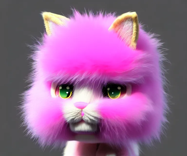 Prompt: high quality 3 d render hyperrealistic very cute small cat, plush mascot, short spiky dense fluffy smooth hair, photo from the side, pink fluffy fur, 1 5 0 mm, beautiful natural soft light, rim light, vray, smooth background, artstation, ultra detailed