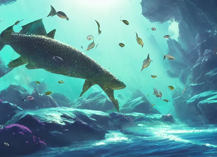 Prompt: confluence of aquatic wild life. magical, epic, particles, compute shader, underwater, fantasy, painting, detailed, paid artwork, portfolio, epic lighting