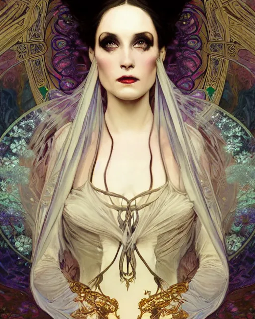 Image similar to wlop and alfons mucha detailed portrait digital rococo painting of a beautiful serious villainess wearing fantasy clothing like liliana vess, villainess has black angel wings, evil mood, hellish battlefield in the background, unreal engine, embers flying, hyper realism, realistic shading, cinematic composition, blender render, octane render, ultrawide shot