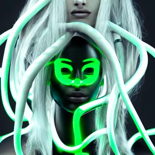 Prompt: portrait of medusa as a seductive beautiful female human cyborg hybrid, with large intertwined mechanical snakes featuring small green LEDs for hair, beautiful detailed green eyes and green lips, shallow depth of focus, award winning 3d render