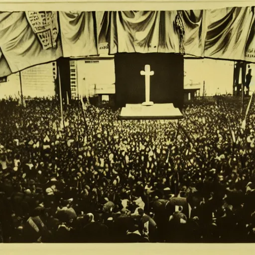 Image similar to photograph of Jesus holding a speech at a communist rally, black and white, on stage, banners with hammer and sickle in background,